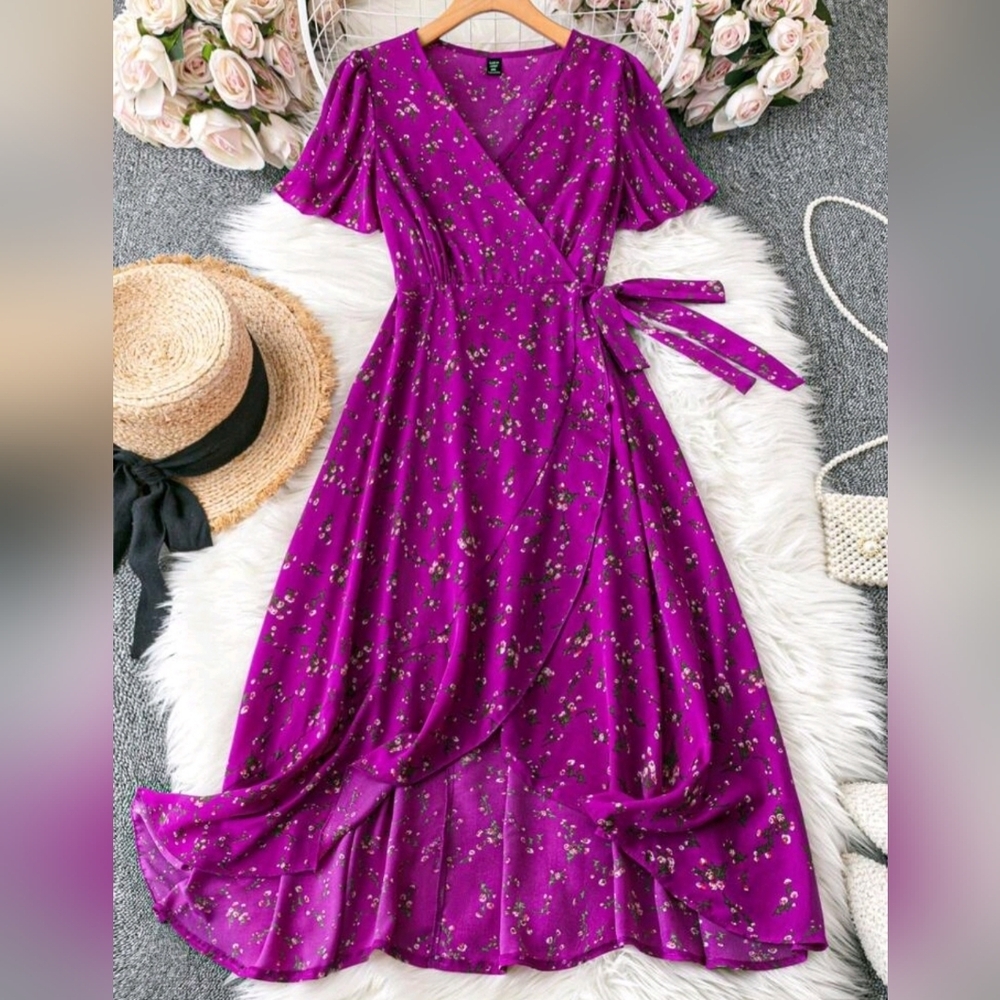 SHEIN Curve 1XL Purple Flower Ruched Wrap Midi Dress Flare Sleeves